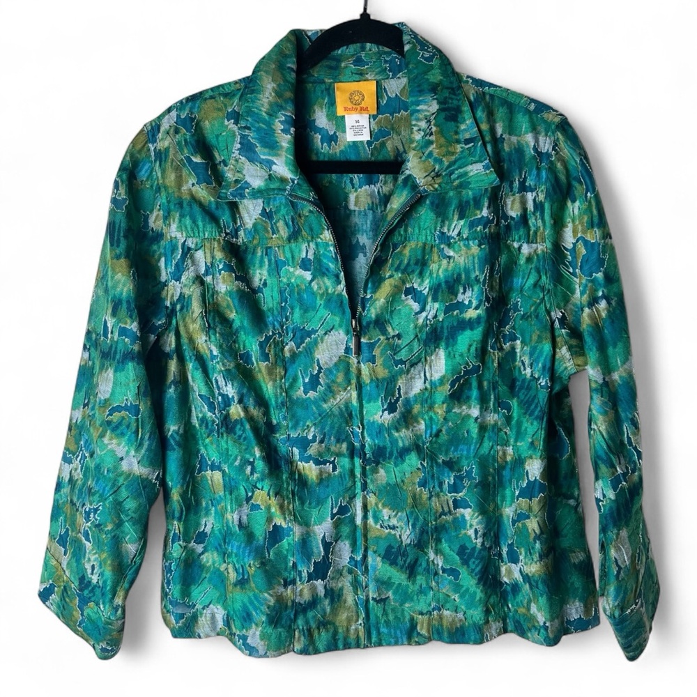 Ruby Rd – Women’s Sheer Zip Jacket green blue abstract floral – Sz. 14